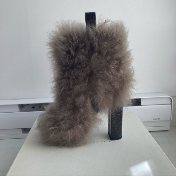 BRUNELLO CUCINELLI | ´Bordeaux’ Brown Leather Peep Toe Slip Bootie Gray Fur 37.5 - Picture 6 of 13
